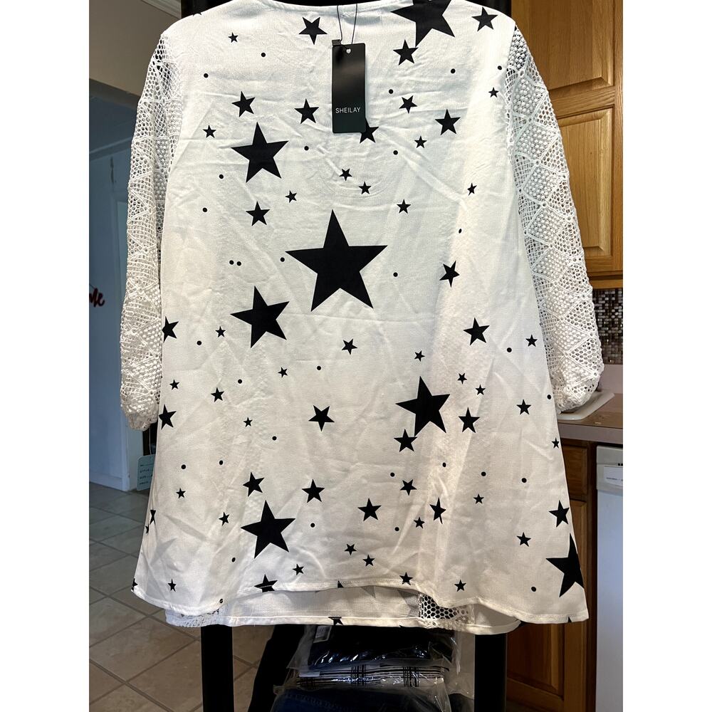 White top w/Navy stars & lace cutouts, 3/4 sleeve, tie neckline, L, NWOT, $20